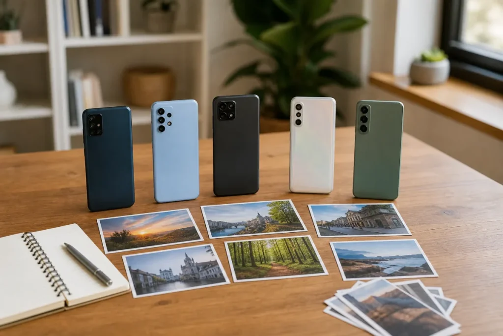 Vue d'ensemble de plusieurs smartphones posés sur une table, écrans allumés affichant des photos de famille