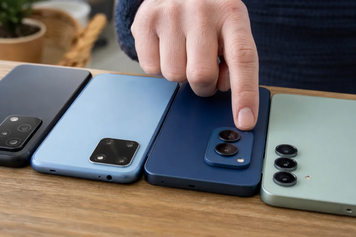 Quel smartphone prend les meilleures photos pour moins de 300 euros Gros plan sur l'objectif photo triple d'un smartphone posé sur une surface en bois